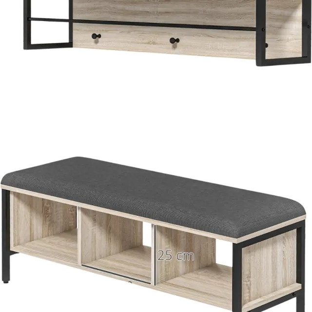 Noventra Kapstok met Schoenenrek - Halmeubel - Garderobeset - Entreeset - Wandkapstok met Opbergbank - Houtlook - Industrieel - 100 x 35 x 45 cm naturel