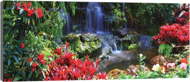 Schilderij - Waterval in jungle - Natuur - Landschap - Bomen - Uitzicht - Planten - Schilderij Woonkamer - Schilderijen op canvas - Inclusief Frame - 45x145cm (LxB) diverse kleuren