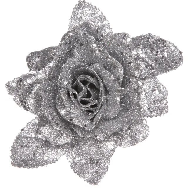 Cosy&Trendy Kerstboomversiering Bloemen - 10 cm - zilver glitter - op clip - ornament - roos