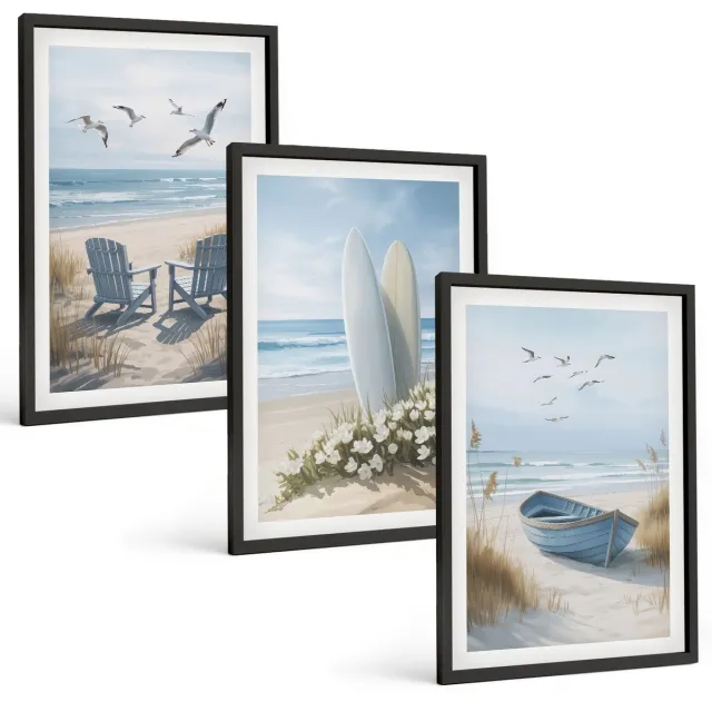 TULUP 4-Delige Schilderij Set - Strand met surfplanken, boten en vogels - 40 x 60 cm - Muurdecoratie - Wanddecoratie - Slaapkamer - Decoratieve Schilderijen Zwarte lijst
