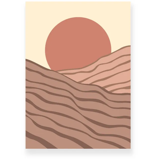 Yisual Poster 20x30 cm - Zonsondergang - Gelaagde Heuvels - Roze - Bruin - Minimalistisch - Landschap - Muurdecoratie - Wanddecoratie