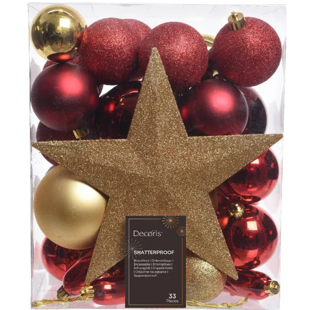Decoris Kerstballen polystyreen assortie shiny matt glitter mix - 33 stuks (ø8 cm) rood/goud