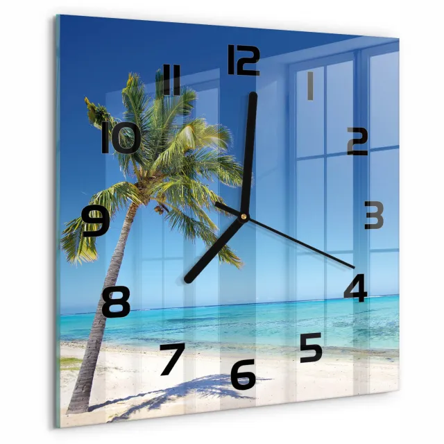 TULUP Wandklok - Tropisch strand Glazen Klok Met Print - 30x30 cm - Blauw Wandklok Glas Met Motief - Zwarte handen - Vierkante Klok - Wandklok Glas Decoratie - Gekleurde Glazen Klok