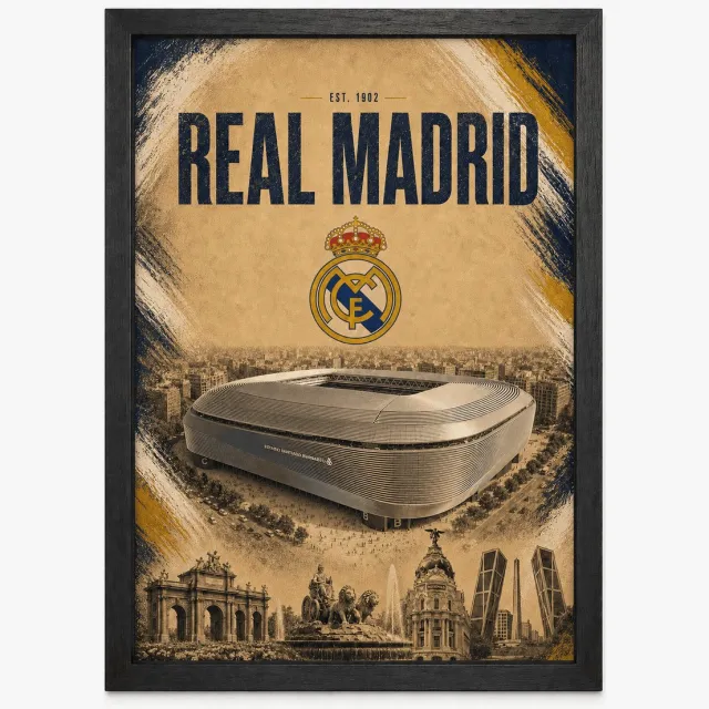 Joshimo Real Madrid Poster | Santiago Bernabéu Stadion & Madrid | Inclusief Zwarte A4 Lijst | Voetbal Wanddecoratie