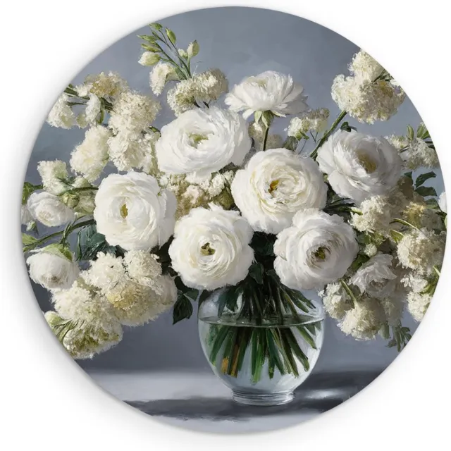 Saammp Muurcirkel Hout - Abstracte Witte Bloemen in vaas - Natuur - Ø 60 - Wandcirkel - Wanddecoratie Cirkel - Muurdecoratie Woonkamer - Kantoor Decoratie