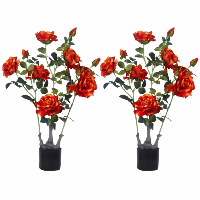 Happiq Set van 2 Kunst Pioenrozen Bomen - Realistisch design met Groene Bladeren - voor woonkamer en tuin - Oranje Kunstbloemen in Pot - 76,2 cm