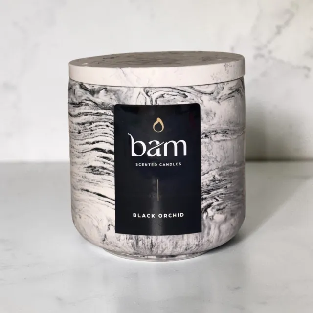 Bam Kaarsen Black Orchid Geurkaars – Zonnebloemwas – Houten Lont – Zwart Gemarmerd Rond Potje met Deksel – 140 g - zwarte orchidee
