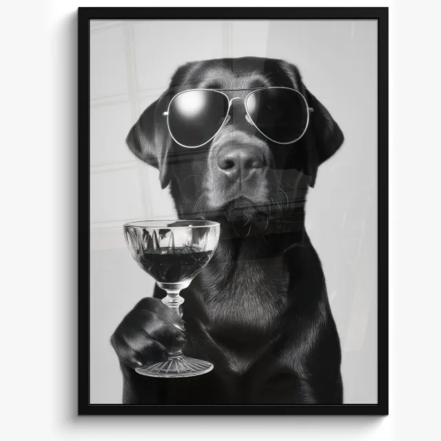 FrameYourWall Poster in lijst - Fotolijst 50x70 cm - Posters - Hond - Zwart - Wijnglas - Zonnebril - Posterlijst zwart - Decoratie - Wanddecoratie woonkamer - Muurdecoratie slaapkamer Hond - Zonnebril - Wijnglas