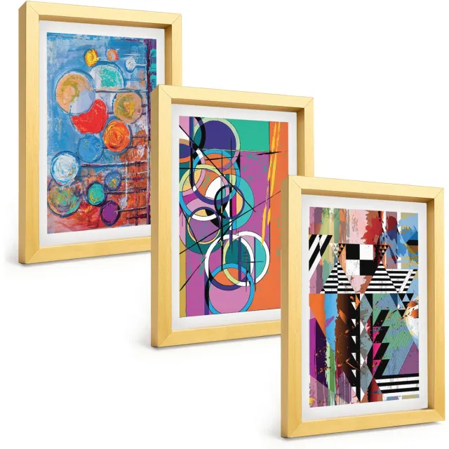TULUP 4-Delige Schilderij Set - Kleurrijke abstracties met cirkels en geometrische patronen - 20 x 30 cm - Wanddecoratie - Moderne Interieurdecoratie - Stijlvolle Muurdecoratie Gouden lijst
