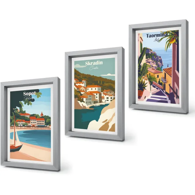 Coloray 4-Delige Schilderij Set - Uitzichten op kuststeden in stijlvolle illustraties - 20 x 30 cm - Wanddecoratie - Muurdecoratie - Woonkamer Zilveren lijst