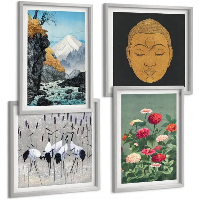 TULUP 4-Delige Schilderij Set - Japanse natuur en cultuur in Japandi-stijl - 40 x 40 cm en 40 x 60 cm - Muurdecoratie - Wanddecoratie - Slaapkamer - Moderne Wanddecoratie Zilveren lijst
