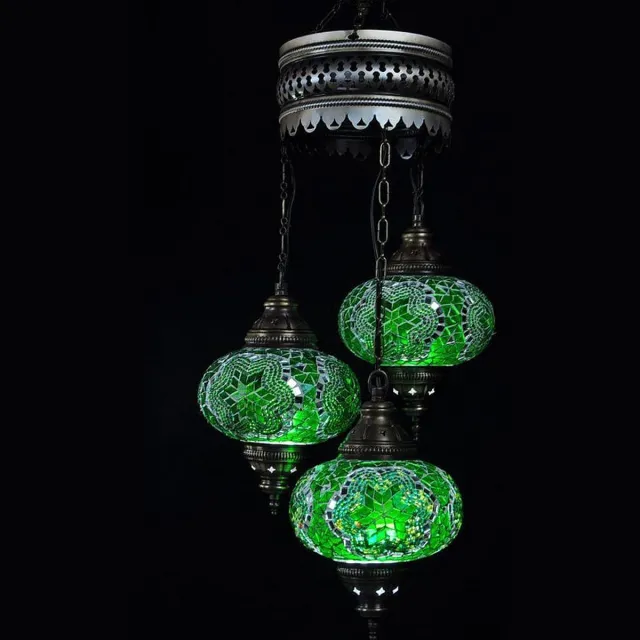Halay Anatolia hanglamp - mozaïek lamp - 3 bollen - groen glas - E-14 fitting - handgemaakt