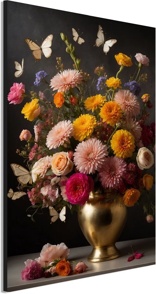 De Online Drukwinkel Wanddecoratie Metaal - Aluminium Schilderij Vlinders en bloemenpracht - 60 x 40 cm - Bloemstuk - Muurdecoratie woonkamer en slaapkamer - Inclusief ophangsysteem - Klassiek - Modern - Displate alternatief Goud