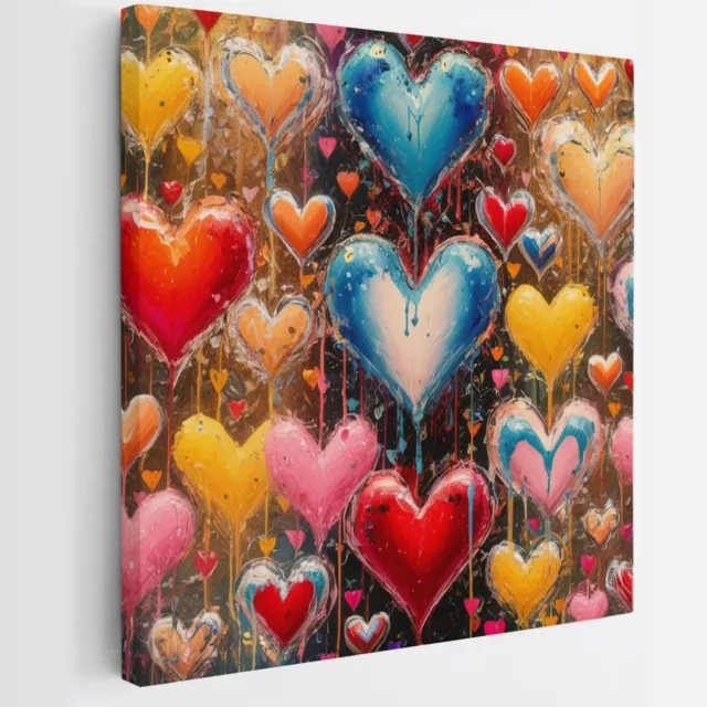 Saammp Canvas Schilderij - Kleurrijke Hartjes - Abstract - 40x40 - Foto op canvas - Wanddecoratie - Muurdecoratie Woonkamer - Slaapkamer decoratie - Canvas Print Multicolor