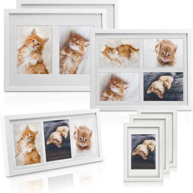bomoe Galeria fotolijsten set van 7- houten fotolijst met passe-partout & kunststof glazen lijst voor foto's 1x 4 foto's 1 x 3 foto's 2 x 2 foto's 3 x 1 foto - Wit