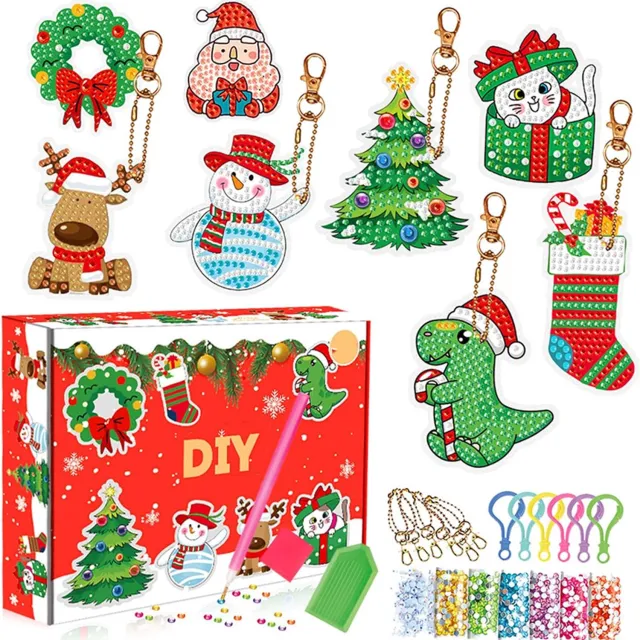SNQ Adventskalender – Kerst Diamond Painting Sleutelhanger – 8 Stuks – DIY Pakket – Xmas Hangende Ornamenten – Kerst verrassingsdoos diamant schilderij – Voor Volwassenen Meerkleurig