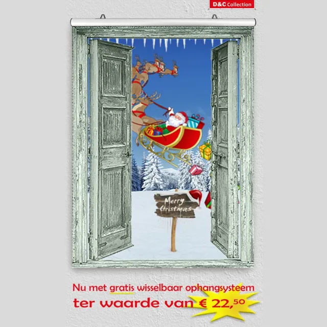 D&C Collection Tuin poster - kerst poster - 60x80 cm - doorkijk - open groene deuren Santa Claus slee sneeuwlandschap - winter poster - kerst decoratie- kerstinterieur - kerst wanddecoratie