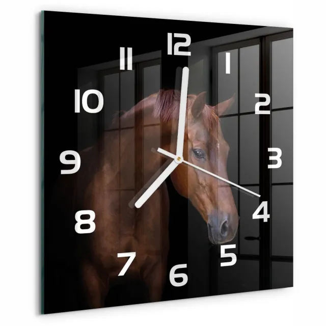 TULUP Wandklok - Bruin Paard Wandklok Glas Met Motief - 30x30 cm - Bruin Decoratieve Glazen Klok - Witte handen - Vierkante Klok - Gekleurde Glazen Klok - Glazen Klok Met Print