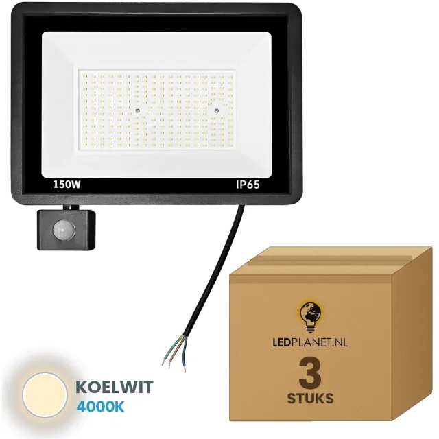 Tsong LED Schijnwerper 150W - 3 stuks - 18.000 lm - Koelwit 4000K - 120° Breedstraler - Bewegingssensor - IP65 - Buitenlamp & Gevelverlichting - 2 jaar garantie