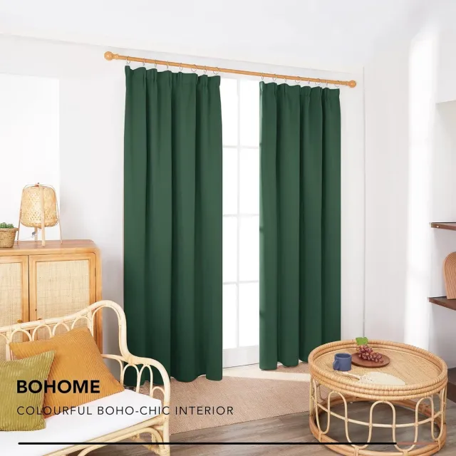 BOHOME Verduisteringsgordijnen Plooiband, Thermische Kerst Gordijnen in Zacht Stof voor Slaapkamer, 140x175 cm (B x H), Donkerlentegroen, set van 2 donkergroen