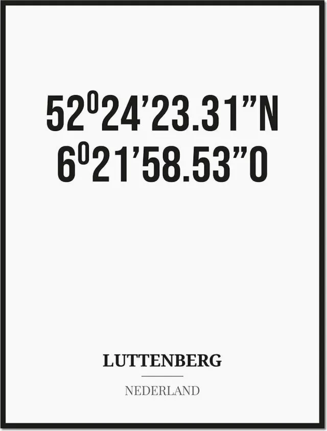 Studio216 Poster/kaart LUTTENBERG met coördinaten zwart, wit