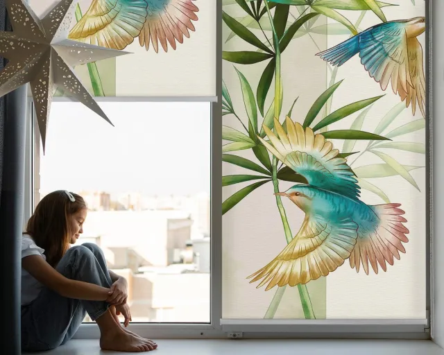 Coloray Rolgordijn Lichtfilterend - Vogels in De Bladeren Transparant Rolgordijn - 110x140 cm - Groente Lichtfilterend Rolgordijn - Dieren Rolgordijn Plafondmontage - Lichtdoorlatend Rolgordijn Woonkamer Groente - Vogels in de bladeren