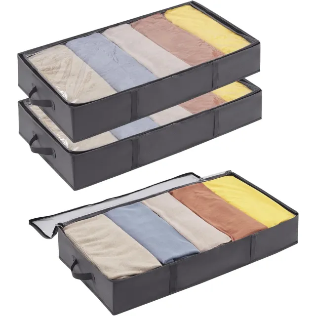 Famanu Set van 3 opbergzakken voor onder het bed met deksel, 65L, grijs, ideaal voor kleding en dekbedden neutraal