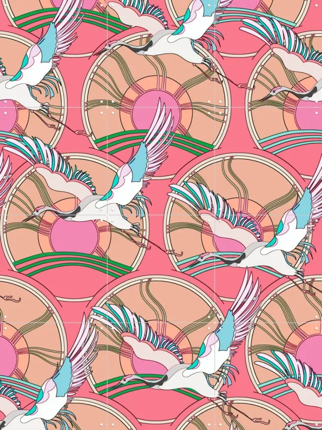 IXXI Crane Bird Pattern Pink, Marylène Madou - 60 x 80 cm - Grote wanddecoratie en posters - Speels, Art Nouveau, Illustraties, Digitale Kunst Roze