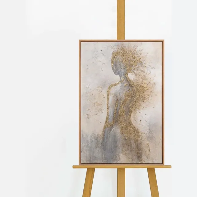 YS Schilderij - Handgeschilderd canvas schilderij - Wanddecoratie moderne Kunst - grijs en goud - woonkamer - Muurdecoratie woonkamer - Slaapkamer decoratie - Kamer accessoires - schilderijen woonkamer - schilderij Modern Met lijnen Wood 60x40