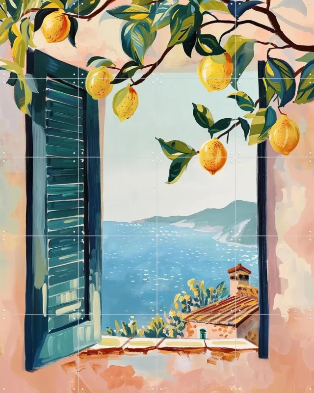 IXXI Lemon Window, Branka Kodžoman - 80 x 100 cm - Grote wanddecoratie en posters - Kwaststreken, Modern, Kleurrijk, Woonkamer, Strandhuis, Eetkamer Blauw / Groen / Geel