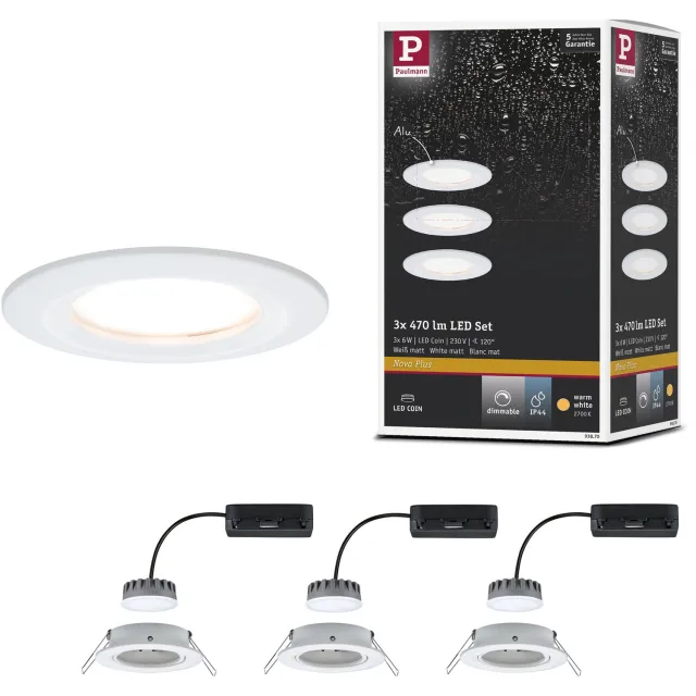 Paulmann LED-inbouwlamp Nova Plus Coin Basisset star IP44 rond 78 mm Coin 3x6W 3x470lm 230V dimbaar 2700K Wit mat