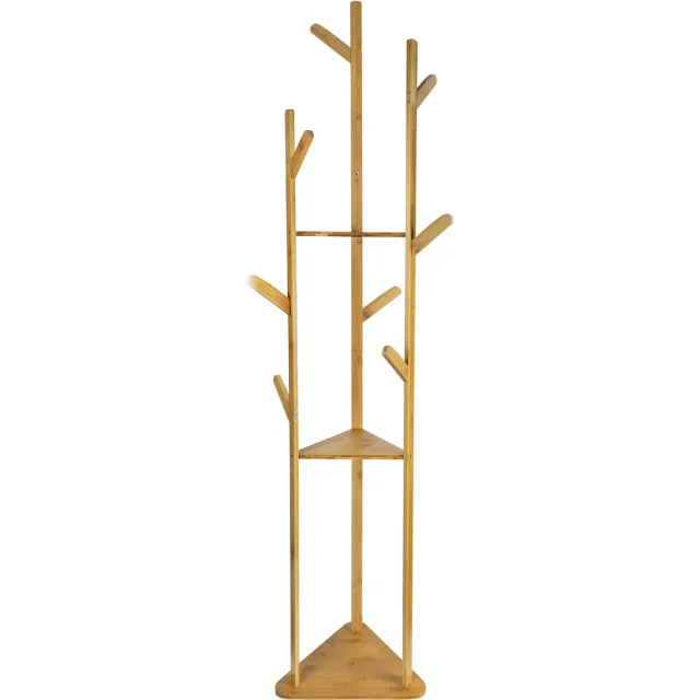 QUVIO Staande kapstok - Met 3 Legplanken - 9 haken - Boomdesign - Garderoberek - Scandinavisch - Decoratie kapstok - Hout - Lichtbruin - 32,5 x 36 x 164 cm