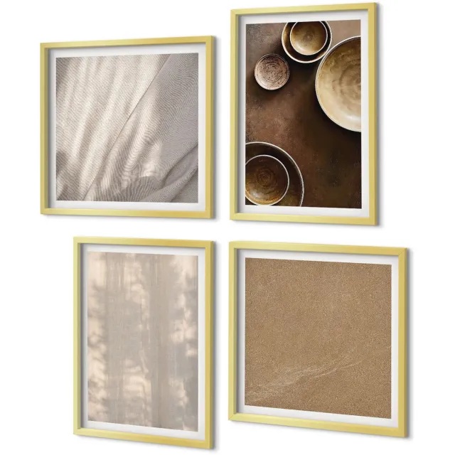 Coloray 4-Delige Schilderij Set - Structuren en texturen in een minimalistische stijl - 40 x 40 cm en 40 x 60 cm - Muurdecoratie - Wanddecoratie - Slaapkamer - Interieur Decoratie Gouden lijst