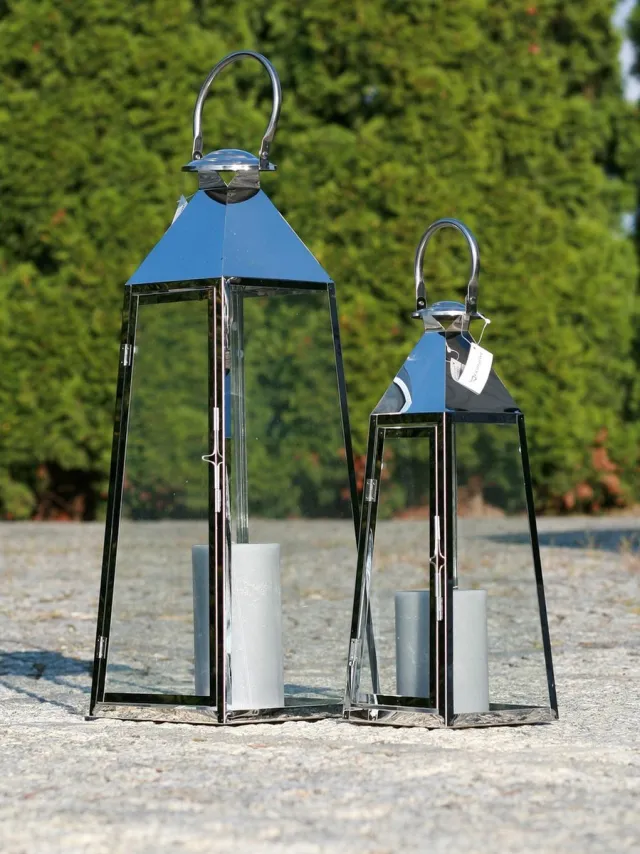 Mandee LICHTEN Lantaarns stalen piramide set 2 stuks 46/67 cm Zilver