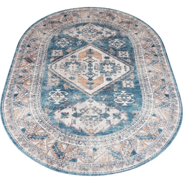 Veer Carpets Vloerkleed Laria Blue 4 - Ovaal 160 x 230 cm - Vintage Design Ovaal Vloerkleed met Medaillon Patroon Blauw