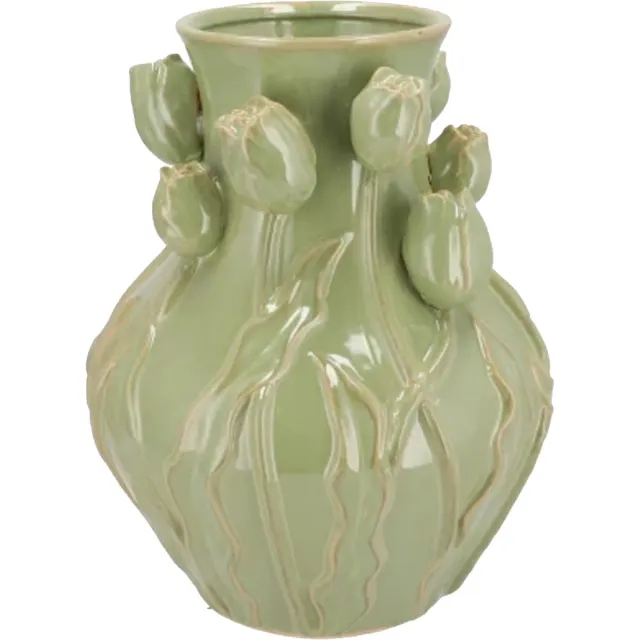 DK design Bloemenvaas Mara - groen - 24 x 24 x 27 cm - tulpvormige hals - moderne vaas