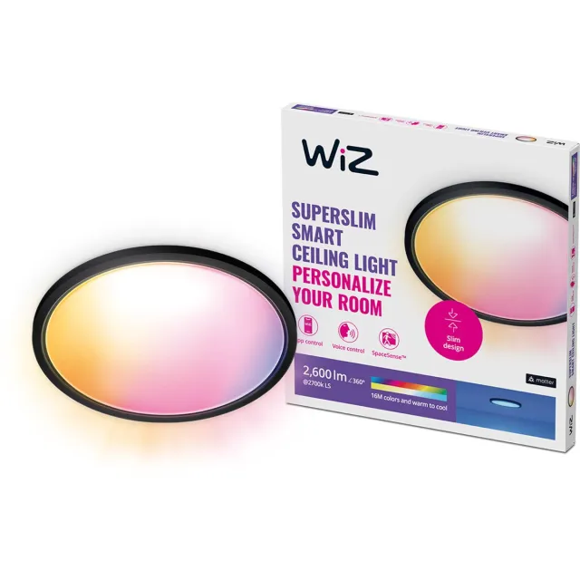 WiZ Plafondlamp SuperSlim - Diameter: 43 cm - Gekleurd en Wit Licht - Slimme LED Verlichting - Geïntegreerde LED - 22W - Zwart - Wi-Fi