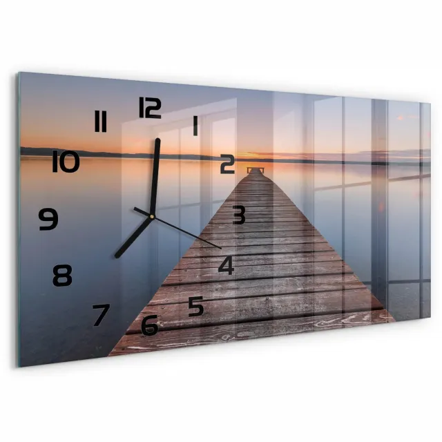 TULUP Wandklok - Houten brug Glazen Wandklok Design - 60x30 cm - Bruin Klok Glas Met Opdruk - Zwarte handen - Rechthoekige Klok - Wandklok Glas Met Motief - Decoratieve Glazen Klok
