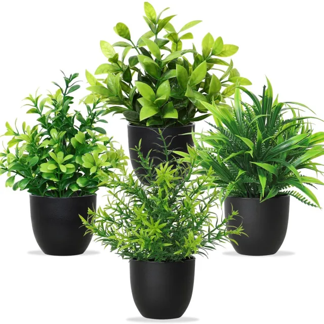 Famanu Kunstplanten met pot, set van 4 kleine groene planten, decoratieve kunststof planten voor binnen, ideaal voor kantoor, huis, slaapkamer, woonkamer en badkamer (met zwarte pot