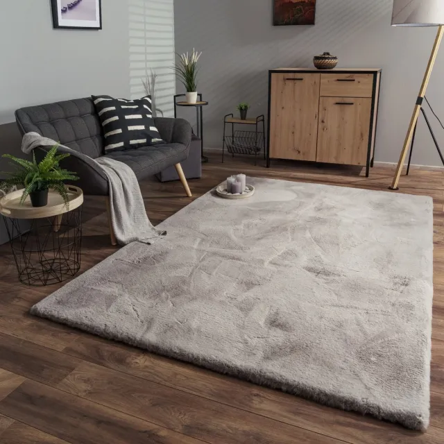 TT Home Woonkamer hoogpolig tapijt langpolig zacht konijnenbont imitatie zacht 60 x 100 cm Rond 60 x 100 cm Rond grijs