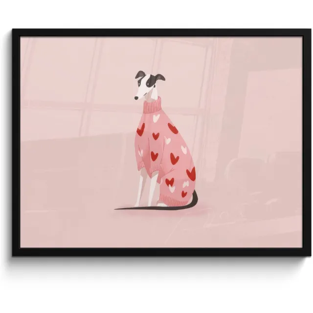 FrameYourWall Poster in lijst - Fotolijst 70x50 cm - Posters - Hond - Hartjes - Roze - Posterlijst zwart - Decoratie - Wanddecoratie woonkamer - Muurdecoratie slaapkamer