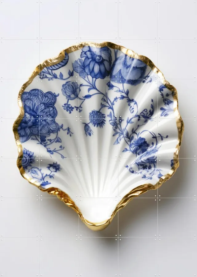 IXXI Delft Blue Shell with Gold Edge and Floral Pattern, OTTI - 100 x 140 cm - Grote wanddecoratie en posters - Decoratieve kunsten, Eetkamer, Gang Goud / Blauw / Wit