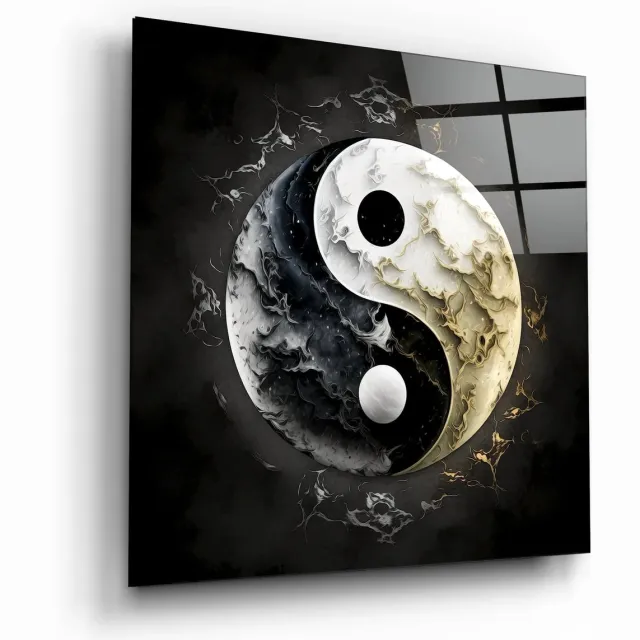 Insigne Art Glasschilderij Vierkant Yin Yang Abstract – Zwart Wit Goud Kunst - 80x80 cm