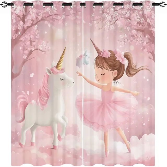 Famanu Verduisterende gordijnen van polyester, 2 panelen, 91 cm breed en 213 cm lang, met een schattig eenhoorn cartoon ontwerp, ideaal voor de slaapkamer, thermisch isolerend en in de kleur roze