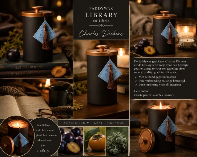 Jupiter Paddywax Library Charles Dickens – Geurkaars – Zwarte Pruim, Kaki & Eikenmos Glazen pot zwart - koperkleurig deksel - ivoorwitte sojawax