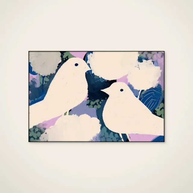 HelloWalls Akoestisch schilderij - 120 x 80 cm - Petalbirds van Treechild - Dieren wanddecoratie - zwart textielframe Meerkleurig