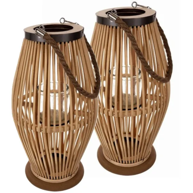 Ruhhy Lantaarn Rotan - 2x - bamboe - natuurlijke look - H40 cm - lantaarn windlicht - binnen en buiten Bruin