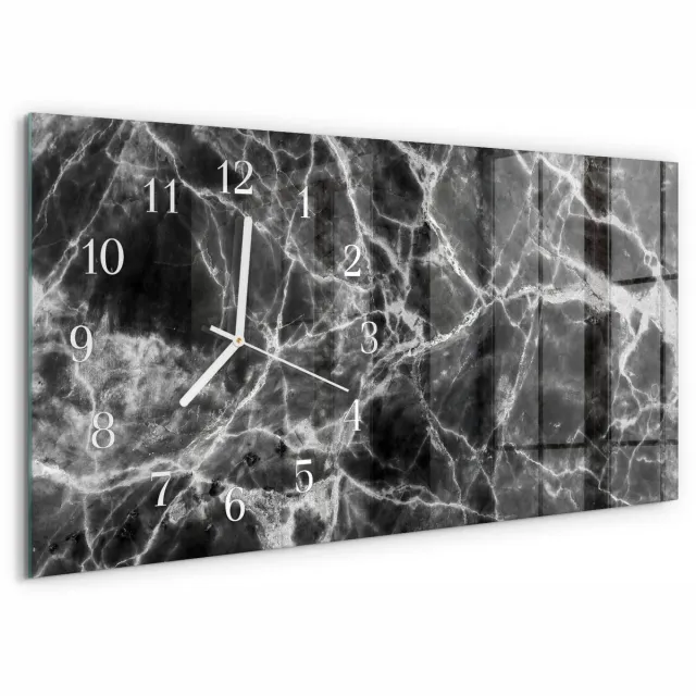 TULUP Wandklok - Zwart marmer Moderne Wandklok Glas - 60x30 cm - Zwart Wandklok Glas Decoratie - Witte Handen - Rechthoekige Wandklok - Glazen Wandklok Design - Klok Glas Met Opdruk Zwart - Zwart marmer