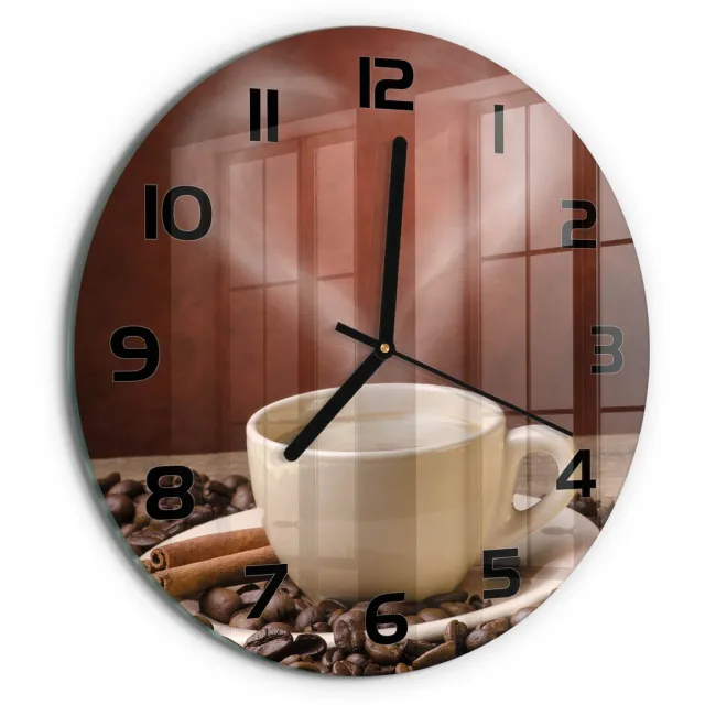 TULUP Wandklok - Aromatische koffie Moderne Wandklok Glas - fi30 cm - Bruin Wandklok Glas Decoratie - Zwarte handen - Ronde Klok - Glazen Wandklok Design - Klok Glas Met Opdruk