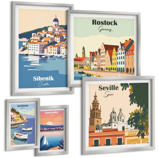 TULUP 4-Delige Schilderij Set - Landschappen van Europese kust- en havensteden - 50 x 50 cm, 20 x 30 cm en 40 x 60 cm - Muurdecoratie - Interieur Decoratie - Stijlvolle Muurdecoratie Zilveren lijst